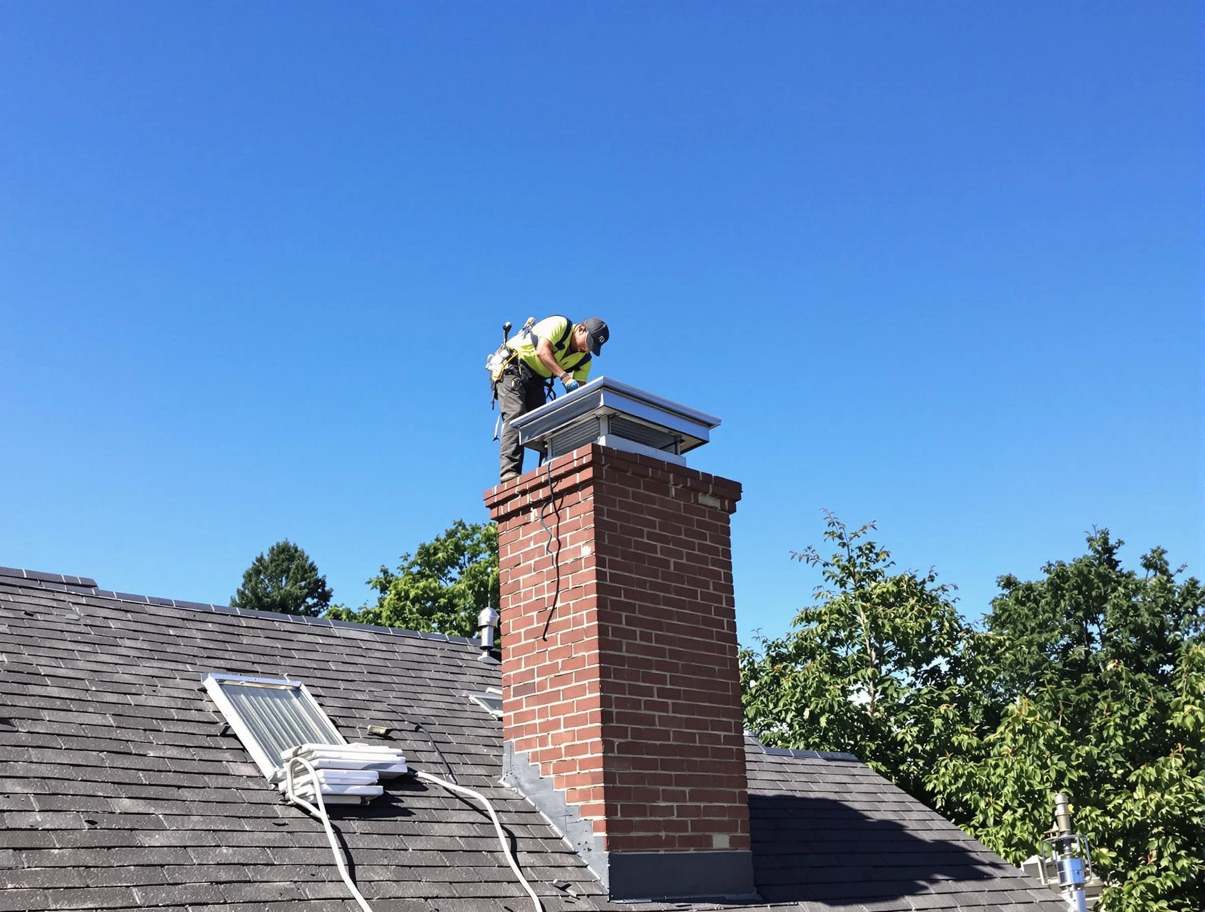 Ashland Chimney Sweep technician measuring a chimney cap in Ashland, VA